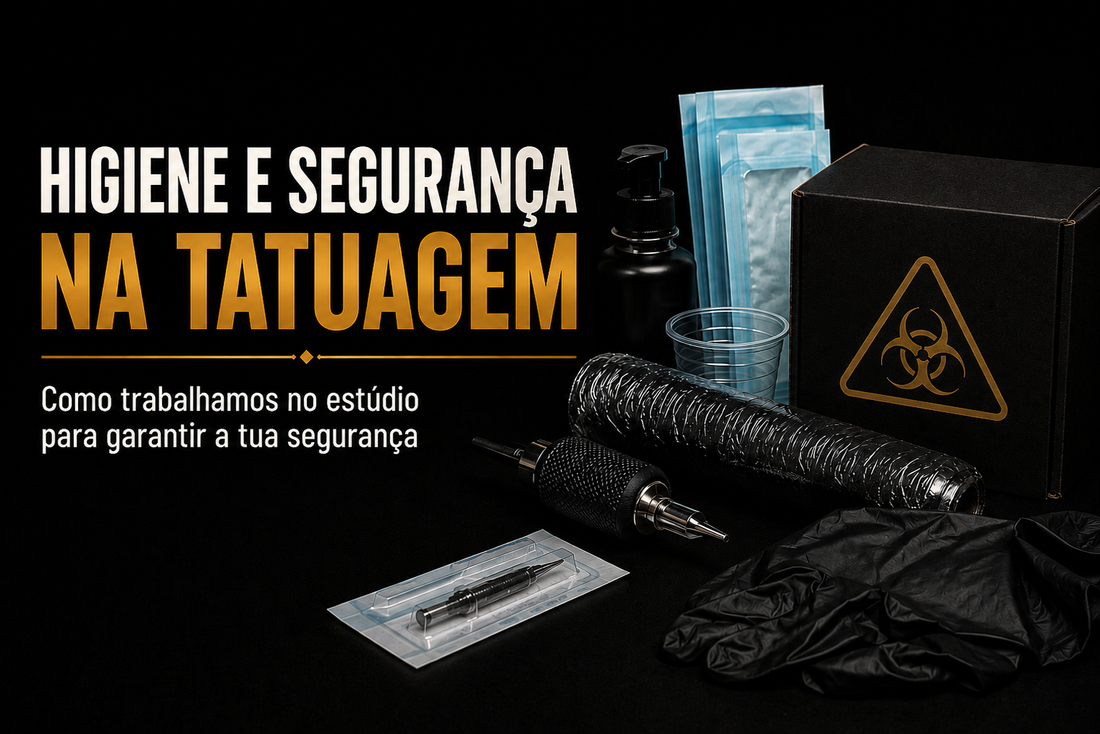 Imagem sobre higiene e segurança na tatuagem com material esterilizado, luvas descartáveis, cartucho de agulha selado e símbolo de risco biológico