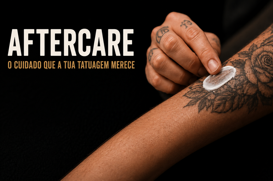 Infográfico de aftercare de tatuagem com cuidados nos primeiros dias, produtos recomendados, sinais de alarme, quando retomar atividades e cuidados para manter a tatuagem ao longo do tempo. Dilúvio Tattoo Studio