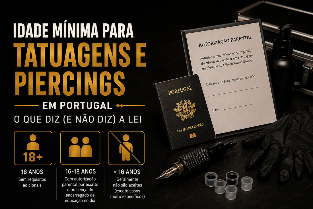 Idade mínima para tatuagens e piercings em Portugal, com autorização parental, documento de identificação e material de tatuagem.