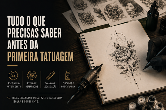 Guia sobre o que saber antes de fazer a primeira tatuagem, com foco na escolha do tatuador, estilo, tamanho, localização e cuidados Dilúvio Tattoo Studio, em Lisboa, Melhor estúdio de tatuagens