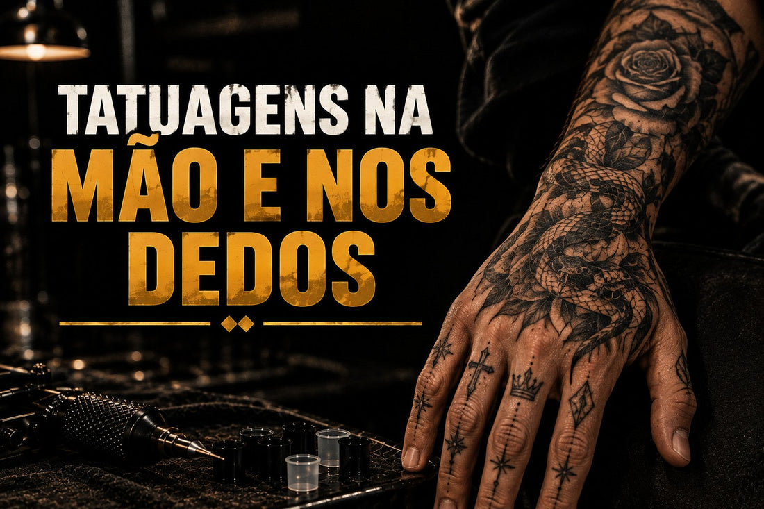atuagem na mão em detalhe, mostrando uma zona conhecida pela cicatrização mais exigente e maior tendência a desbotar. Imagem de apoio a um guia sobre tatuagens nas mãos e dedos, incluindo dor, cicatrização, durabilidade, retoques e cuidados