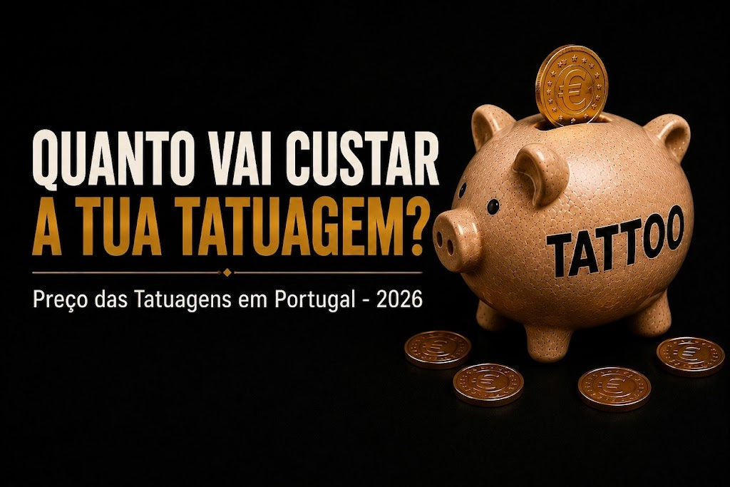 Infográfico sobre o preço de tatuagens em Portugal em 2026, com valores por tamanho, fatores que influenciam o preço e ilustração de um mealheiro em forma de tatuagem com moedas de euro. Dilúvio Tattoo Studio