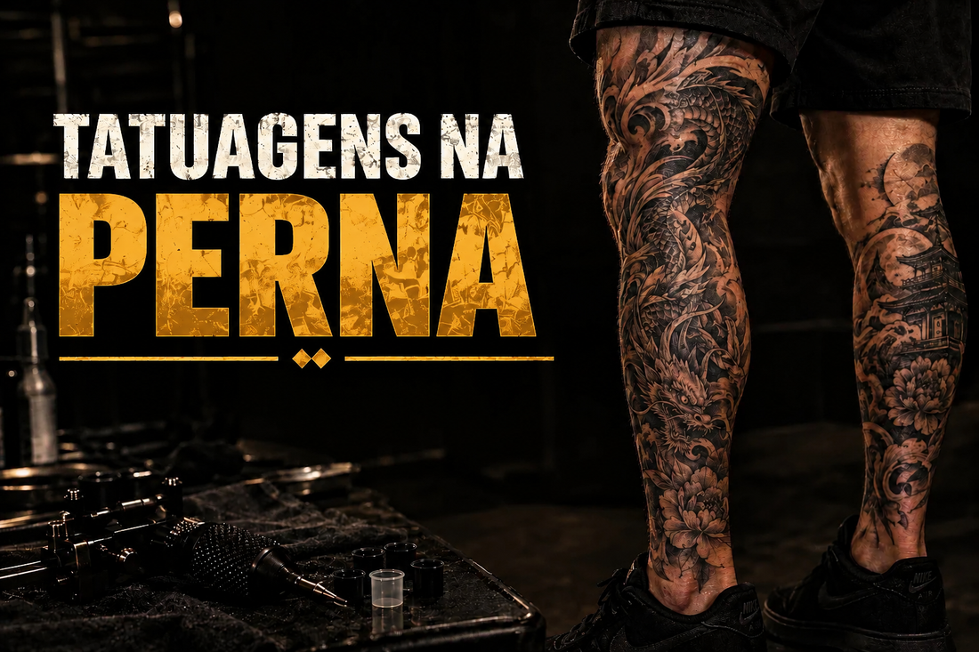 Tatuagens na perna em preto e cinza, com composições de inspiração japonesa que incluem dragões, flores e elementos orientais. Imagem de destaque para um guia sobre tatuagens na perna