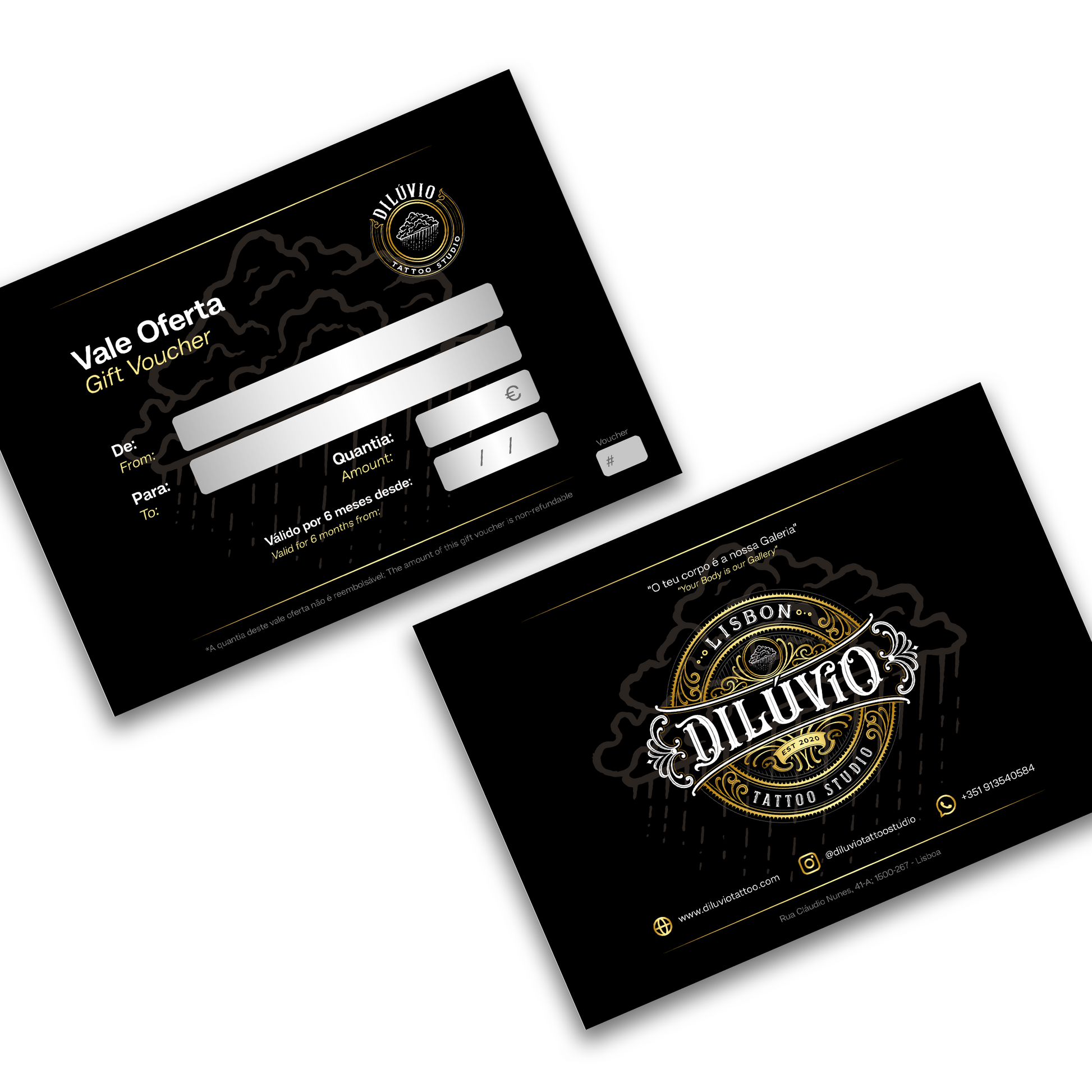 Design do gift voucher do Dilúvio Tattoo Studio em Lisboa, mostrando cartão oferta preto com logótipo dourado e campos para valor, data e destinatário