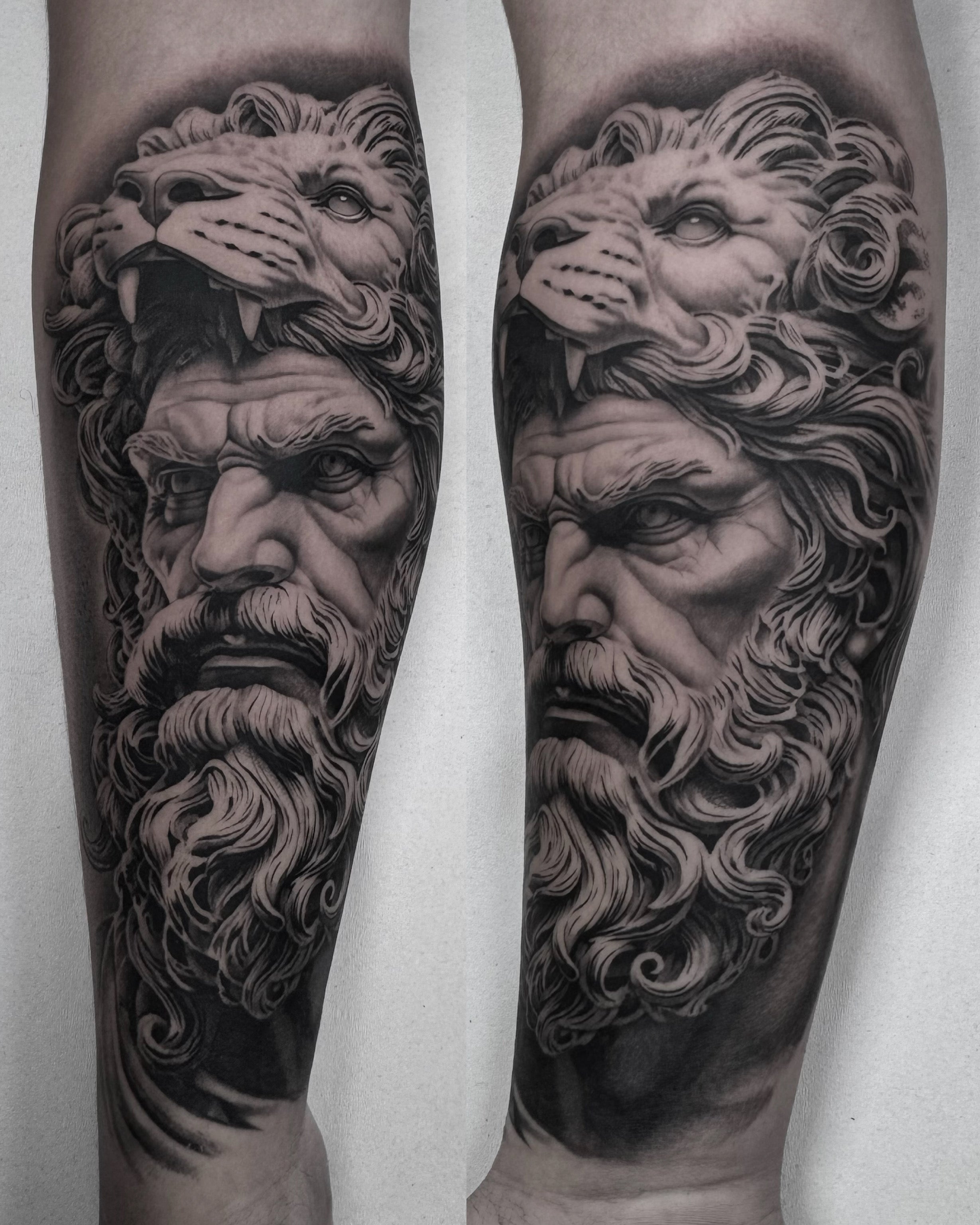 Tatuagem realista de figura mitológica grega barbuda com leão no antebraço, black and grey, Dilúvio Tattoo Lisboa