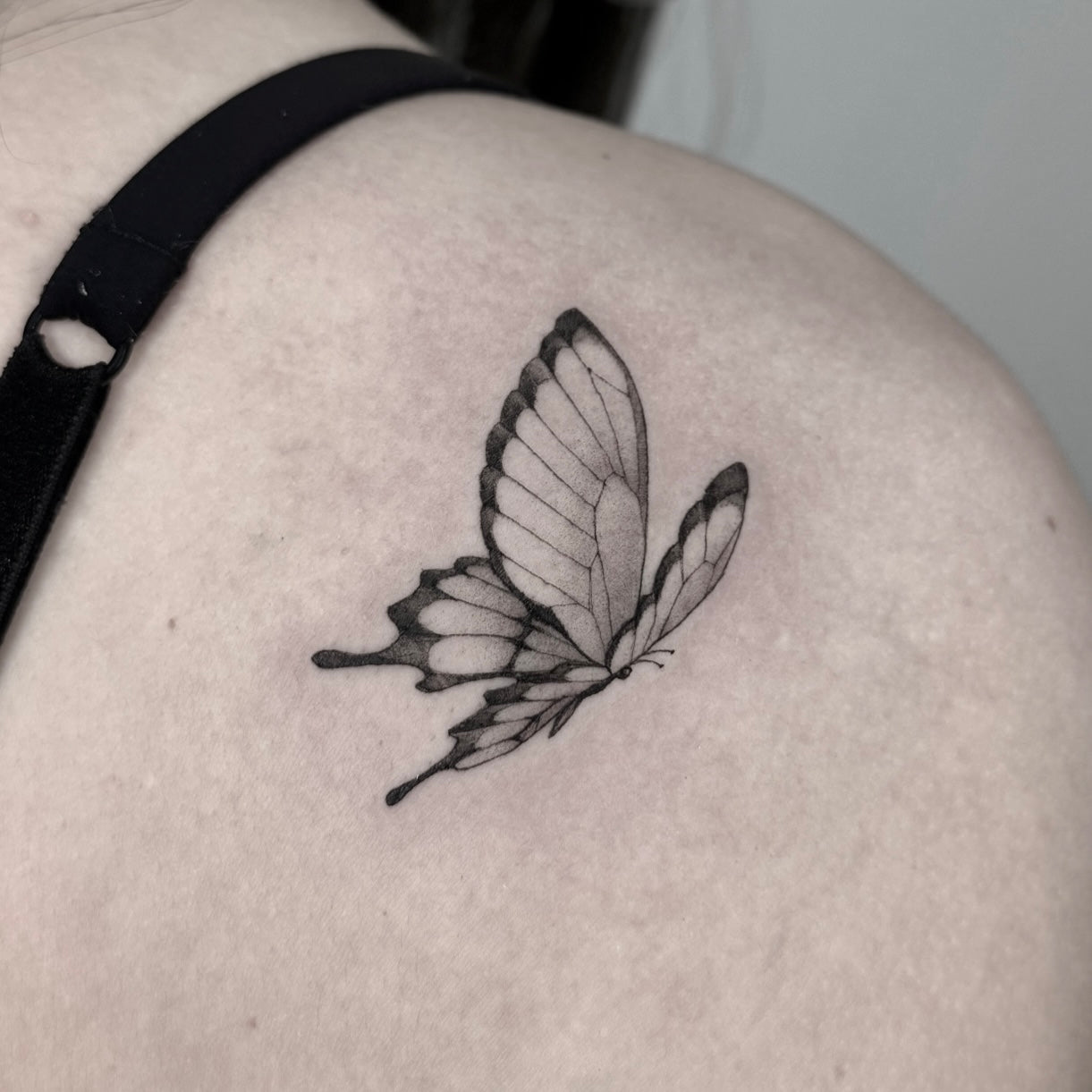 tatuagem fine line de borboleta com asas detalhadas e sombreado subtil no ombro, estilo delicado feminino, no Dilúvio Tattoo em Benfica.