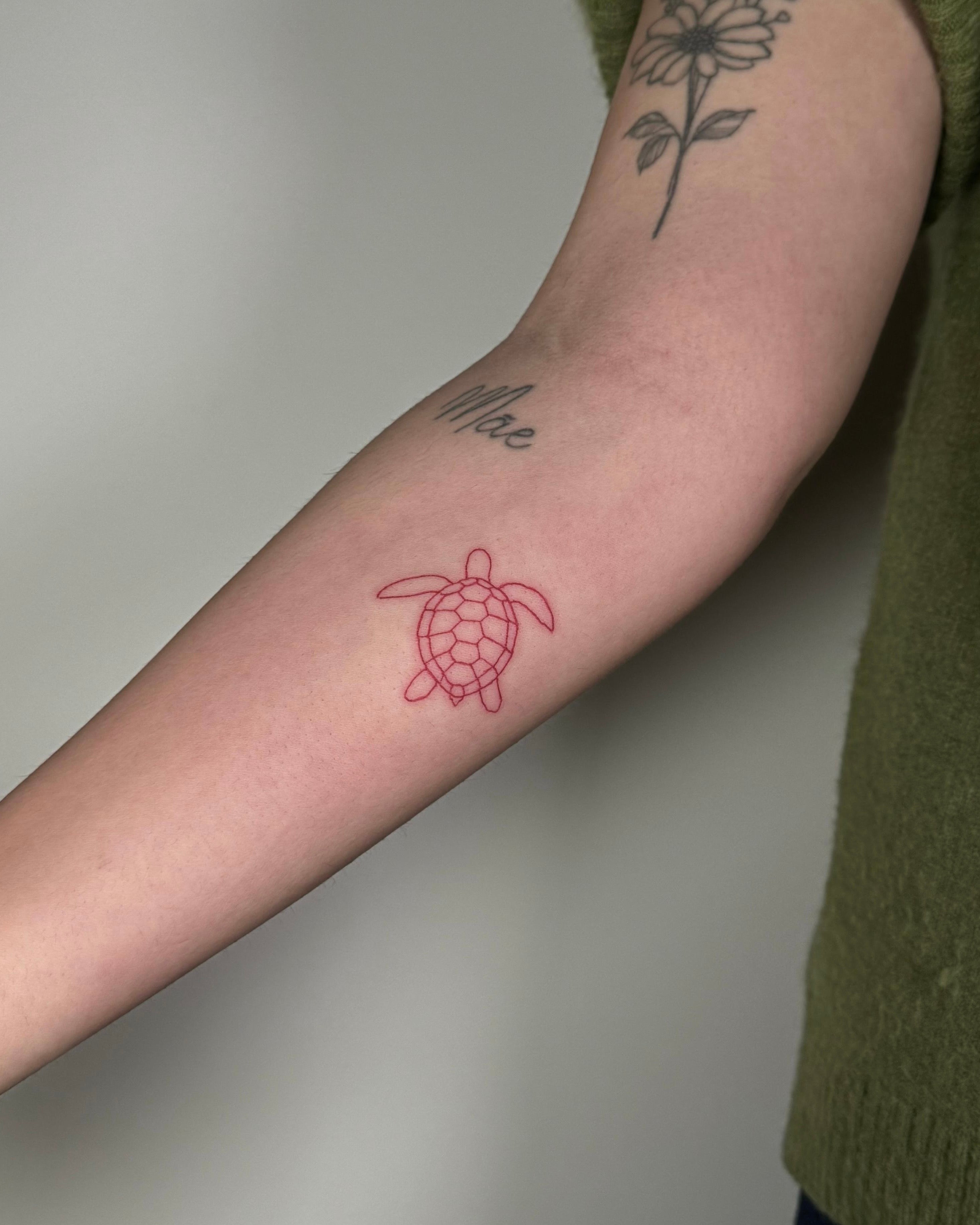 Tatuagem fine line de tartaruga a vermelho com lettering 