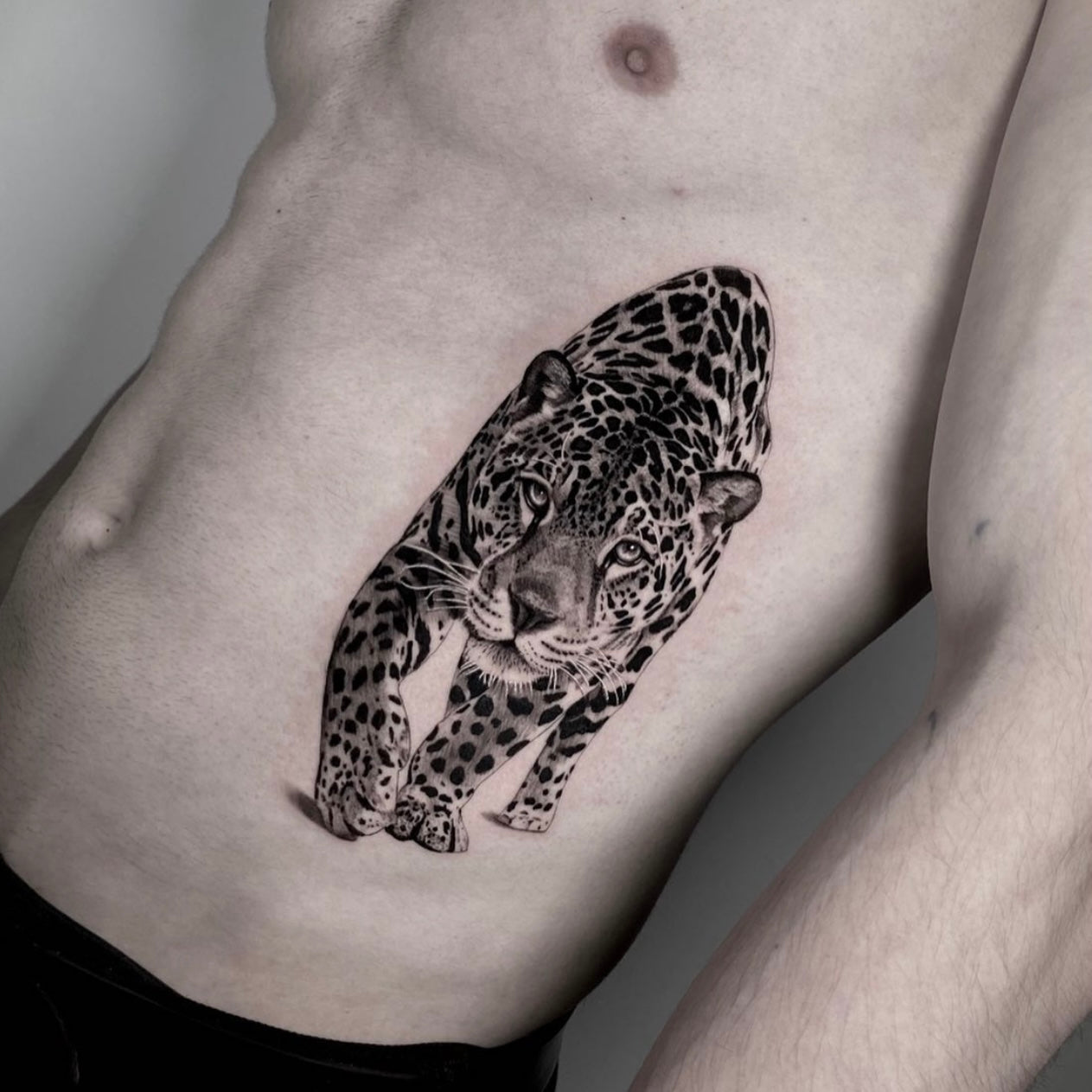 Tatuagem realista em black and grey de leopardo a atravessar buraco na pele na costela, efeito ilusão 3D, feita na Dilúvio Tattoo em Benfica, Lisboa.