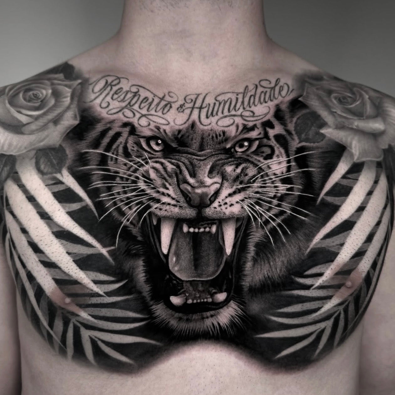Tatuagem de peito em black and grey com tigre a rugir, rosas e lettering 