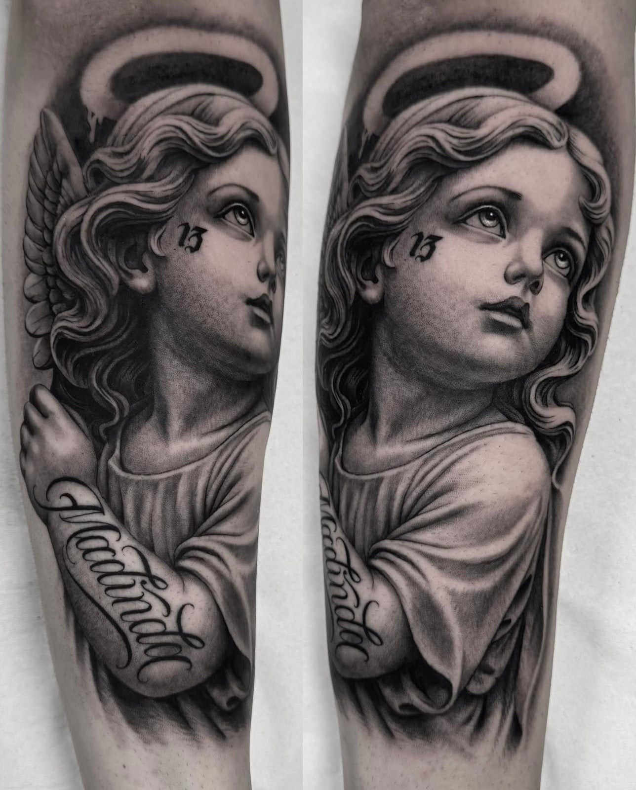 Tatuagem realista em black and grey de querubim , estilo religioso, feita na Dilúvio Tattoo em Benfica.