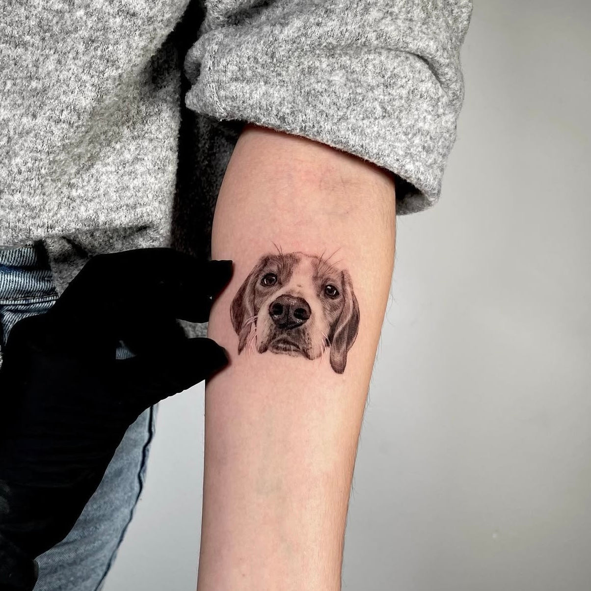 Tatuagem micro-realista de retrato de cão beagle no braço, black and grey com detalhe delicado, homenagem a animal de estimação, na Dilúvio Tattoo em Benfica.