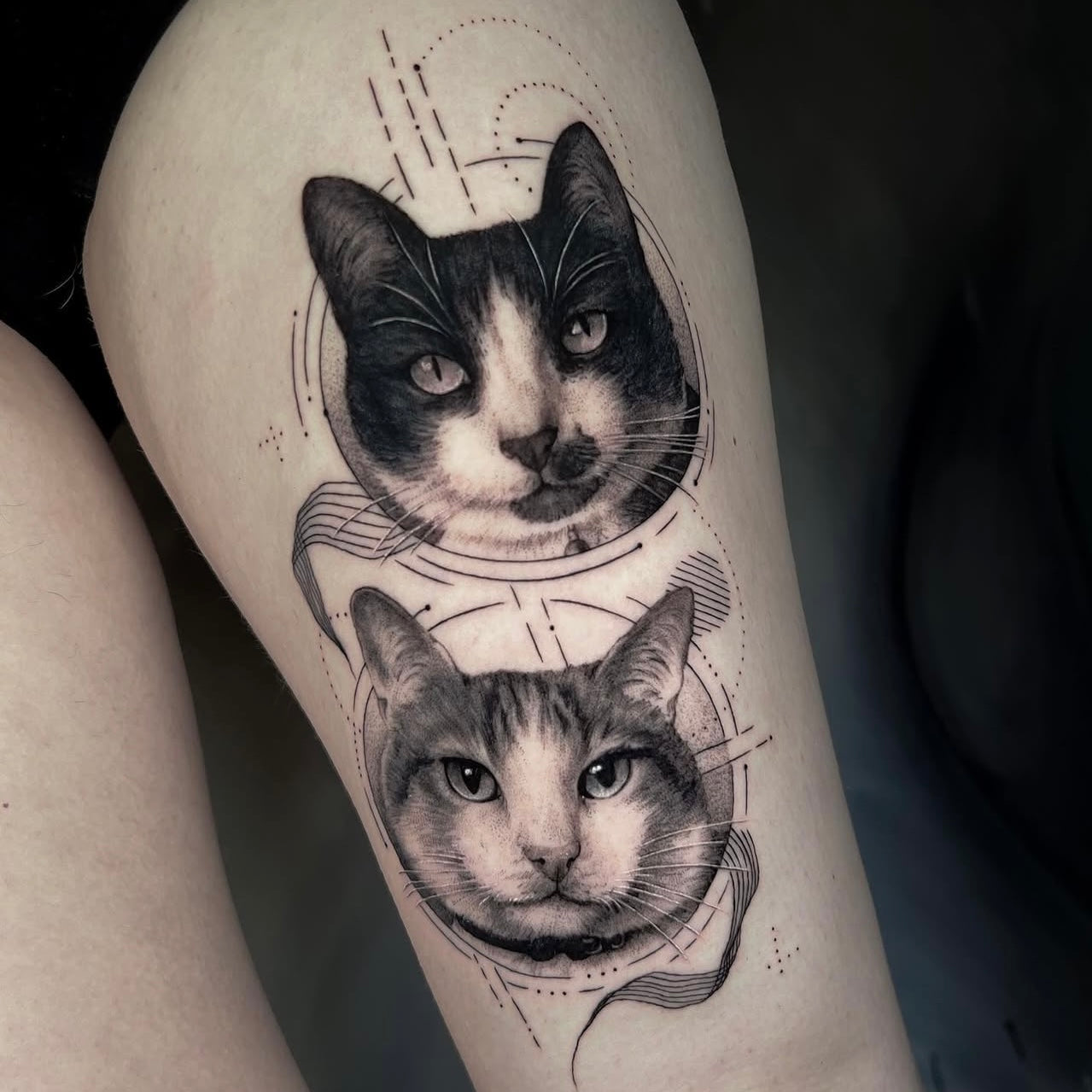 Tatuagem realista de retratos de dois gatos com elementos geométricos abstratos na coxa, black and grey, homenagem aos animais de estimação, na Dilúvio Tattoo em Benfica