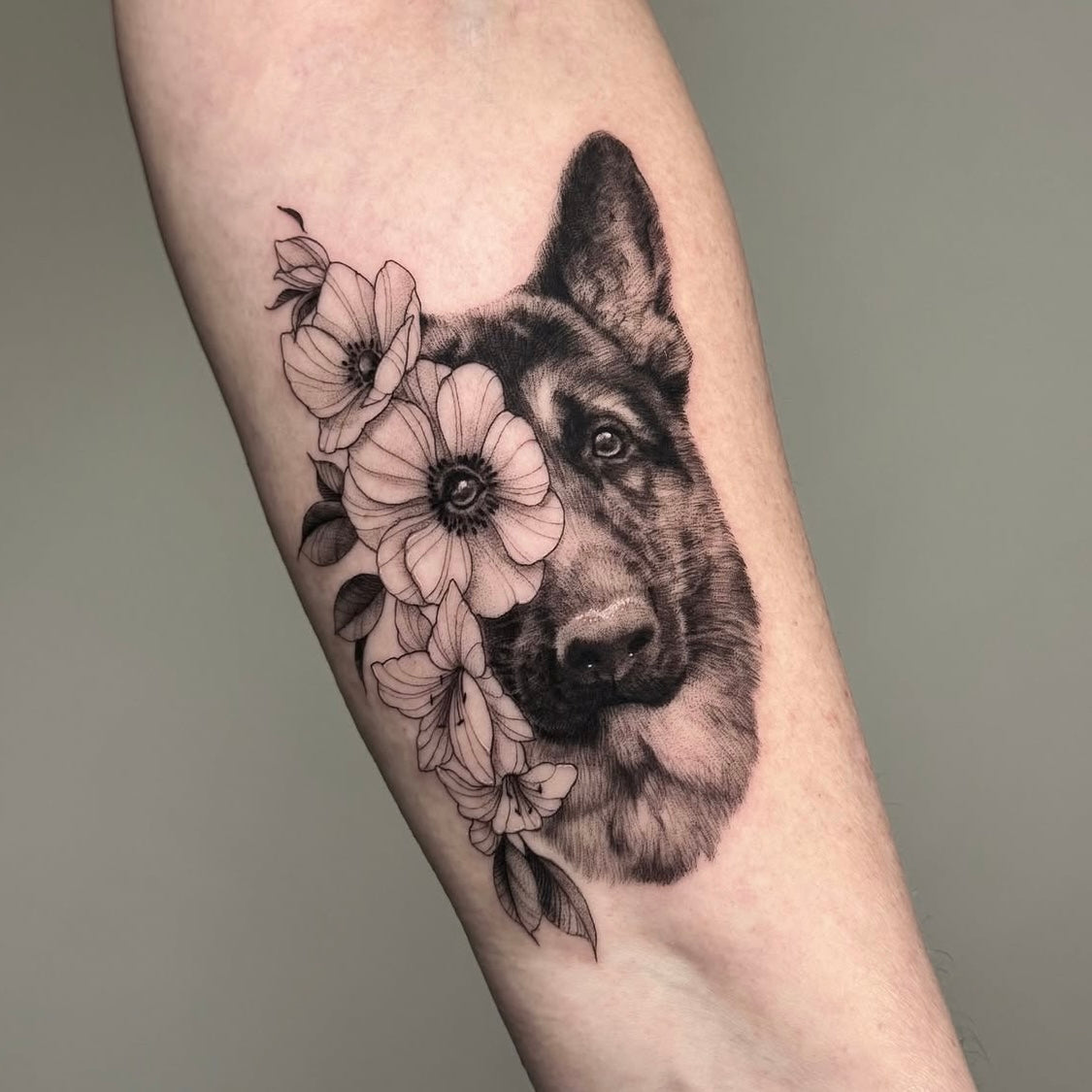 Tatuagem realista de retrato de cão pastor alemão com flores em torno da cabeça no braço, black and grey estilo feminino, homenagem a animal de estimação, na Dilúvio Tattoo em Benfica.