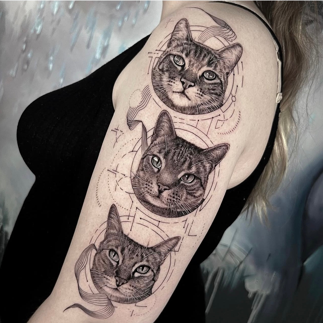 Tatuagem realista de três retratos de gatos em composição vertical com elementos cósmicos e geométricos no braço, black and grey, homenagem aos animais de estimação, na Dilúvio Tattoo em Benfica.